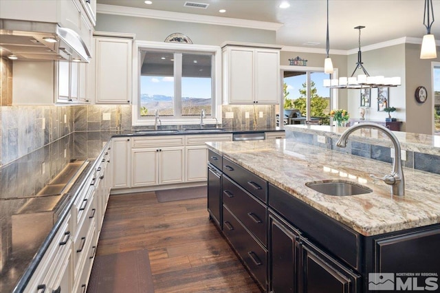 kitchen featuring backsplash, dark hardwood / wood-style floors, a healthy amount of sunlight, and hanging light fixtures