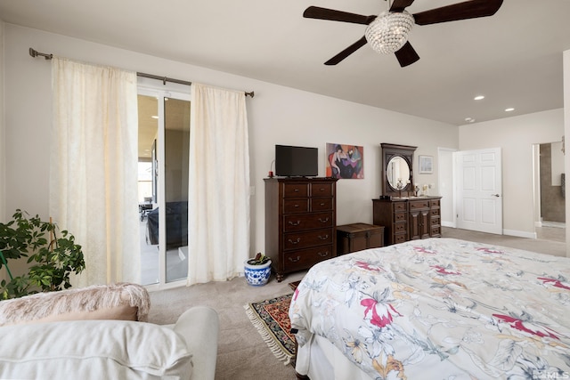 carpeted bedroom with access to outside and ceiling fan