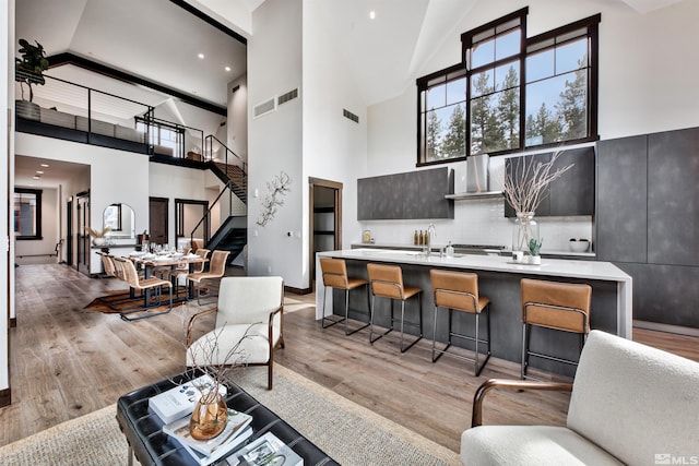 living room with light hardwood / wood-style flooring, high vaulted ceiling, and sink