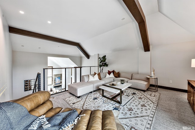 living room featuring light carpet and vaulted ceiling with beams