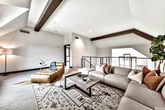 carpeted living room with vaulted ceiling with beams