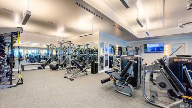 workout area featuring ornamental molding and carpet floors