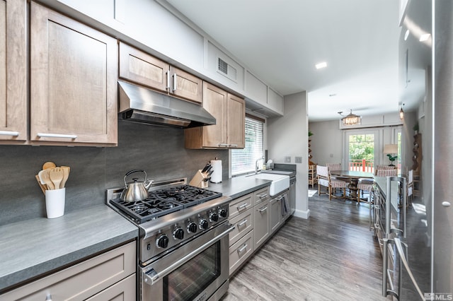 kitchen with hardwood / wood-style flooring, backsplash, high end stainless steel range, and sink