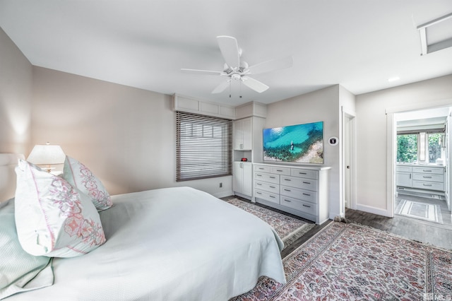 bedroom featuring dark hardwood / wood-style floors and ceiling fan