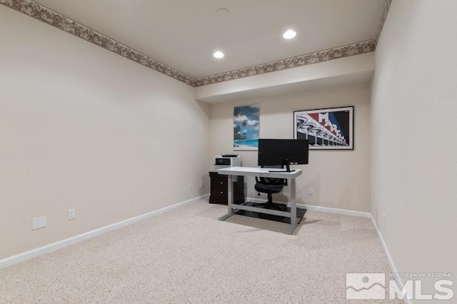 view of carpeted home office