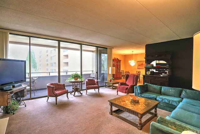 carpeted living room featuring a textured ceiling