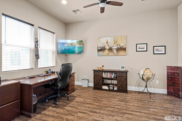 office featuring dark wood-type flooring and ceiling fan