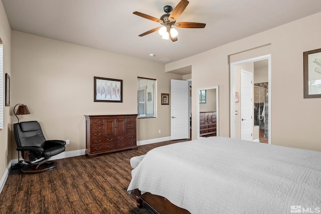 bedroom featuring dark hardwood / wood-style floors, connected bathroom, and ceiling fan