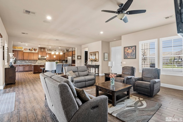 living room with ceiling fan and hardwood / wood-style floors