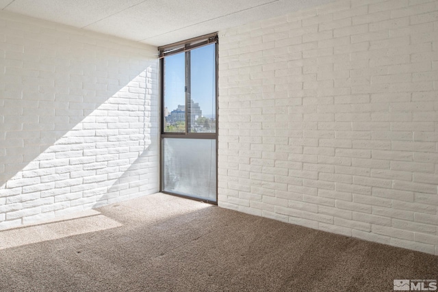 spare room featuring brick wall and carpet flooring