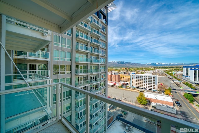 balcony featuring a mountain view