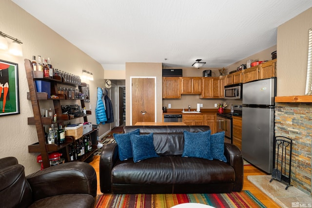 living room featuring hardwood / wood-style flooring and sink