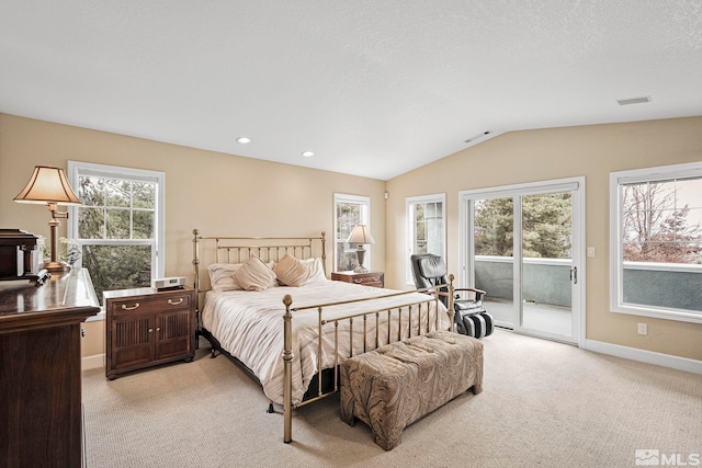 bedroom with light carpet, access to exterior, and multiple windows