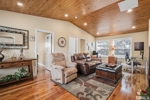 living room featuring wood-type flooring, vaulted ceiling, and wood ceiling