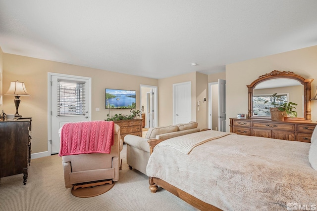 bedroom with light colored carpet