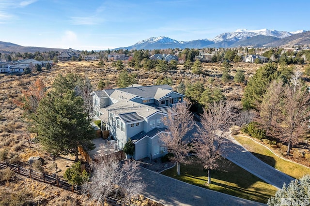 drone / aerial view featuring a mountain view