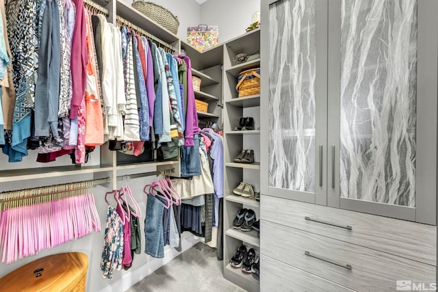 walk in closet featuring carpet floors