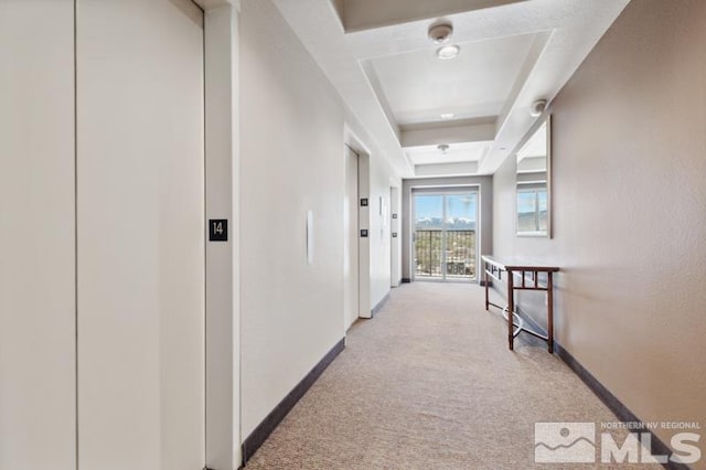 hallway featuring light carpet, elevator, and a raised ceiling