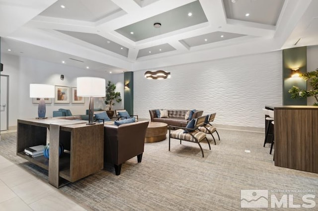 tiled living room with coffered ceiling