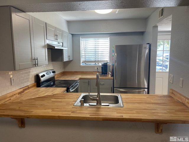 kitchen with gray cabinets, butcher block counters, and appliances with stainless steel finishes