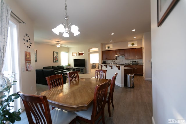 dining space with ceiling fan with notable chandelier, plenty of natural light, and dark wood-type flooring