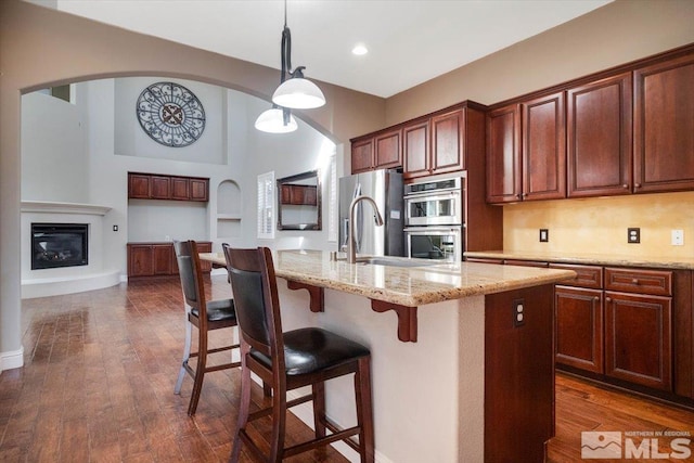 kitchen with dark wood-type flooring, an island with sink, appliances with stainless steel finishes, pendant lighting, and sink