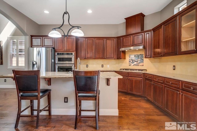 kitchen featuring dark hardwood / wood-style floors, pendant lighting, light stone counters, a kitchen island with sink, and appliances with stainless steel finishes