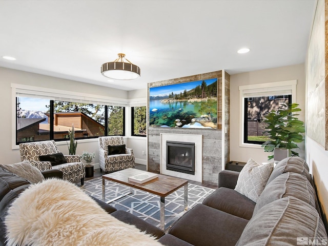 living room with hardwood / wood-style floors and a tile fireplace