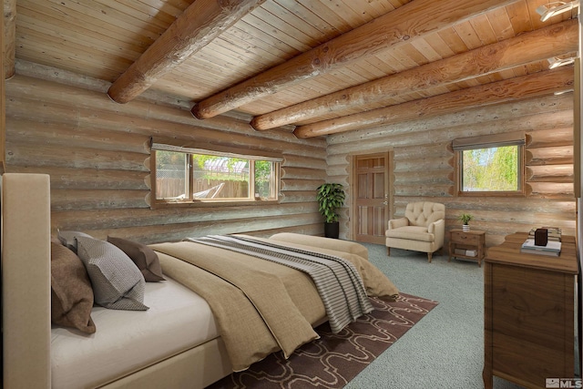 carpeted bedroom with beam ceiling, rustic walls, and wooden ceiling