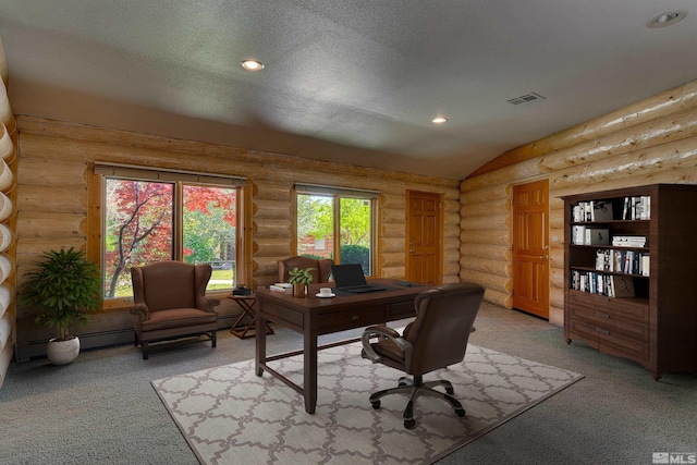 home office with a textured ceiling, vaulted ceiling, log walls, and carpet flooring