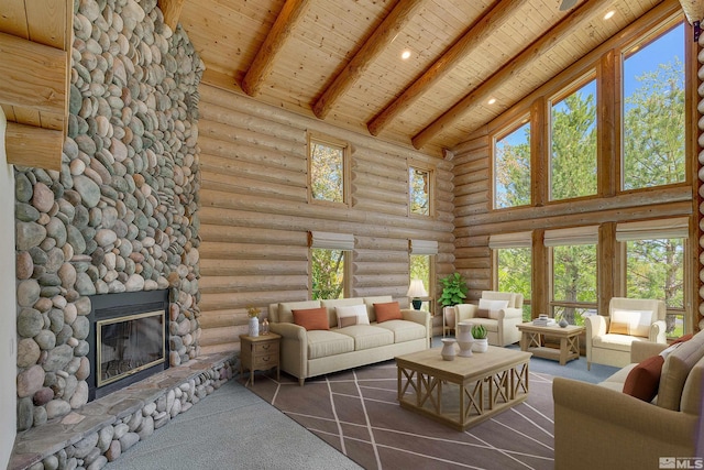 living room featuring high vaulted ceiling, beam ceiling, rustic walls, and wooden ceiling