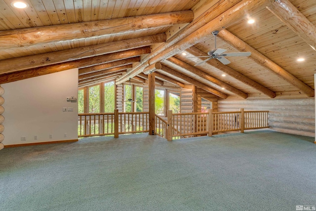 bonus room with ceiling fan, carpet floors, lofted ceiling with beams, rustic walls, and wooden ceiling