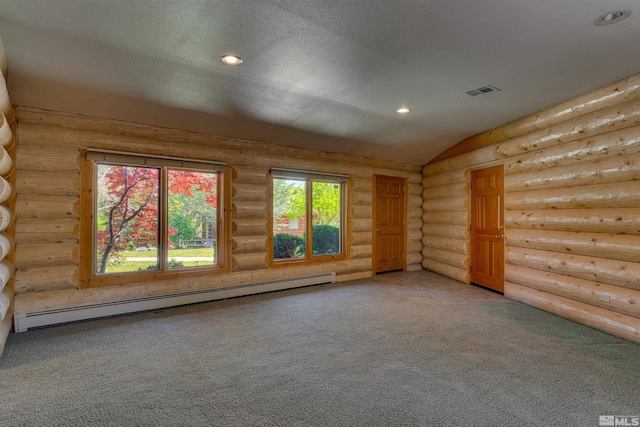 carpeted spare room featuring a baseboard heating unit, a textured ceiling, lofted ceiling, and rustic walls