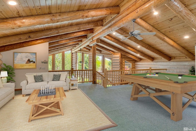 rec room featuring lofted ceiling with beams, pool table, rustic walls, and wood ceiling