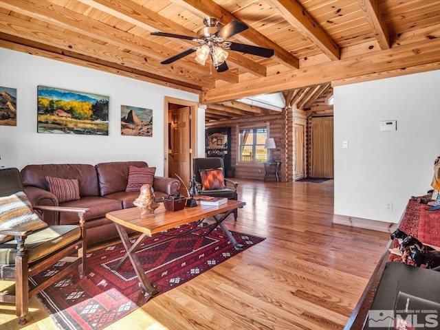 living room featuring wood-type flooring, ceiling fan, beam ceiling, and wood ceiling