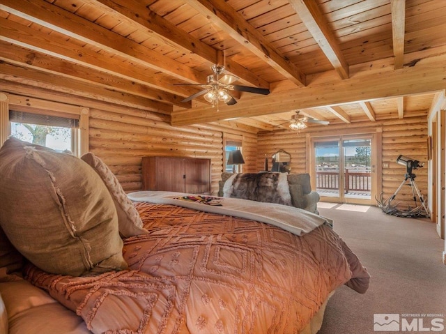 bedroom with wooden ceiling, rustic walls, beam ceiling, and carpet floors