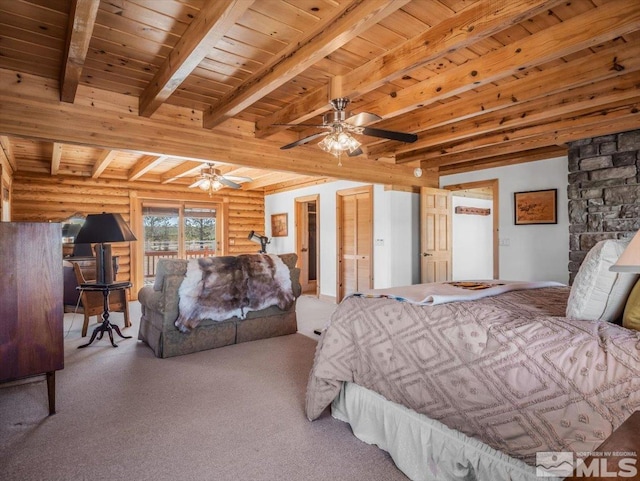 bedroom featuring beamed ceiling, log walls, carpet flooring, and wooden ceiling