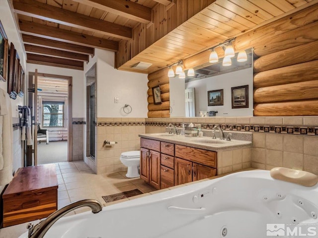 bathroom with vanity, tile walls, rustic walls, toilet, and wooden ceiling