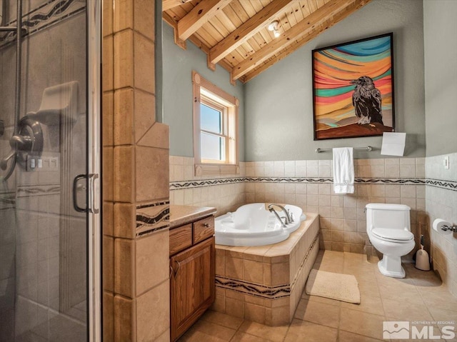 full bathroom featuring tile walls, wooden ceiling, tile flooring, independent shower and bath, and lofted ceiling with beams