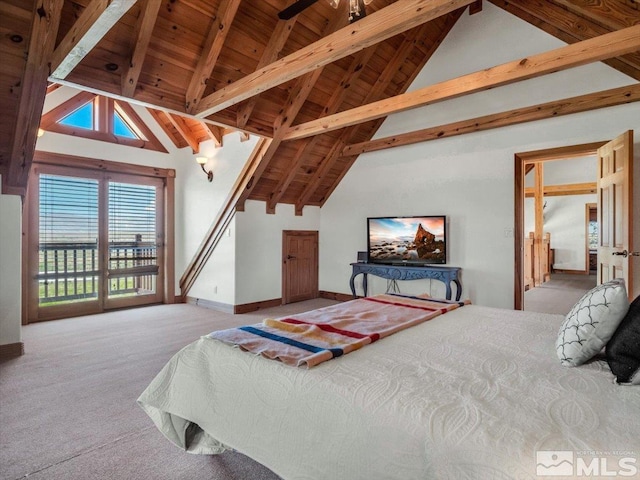 carpeted bedroom with high vaulted ceiling, beamed ceiling, and wood ceiling