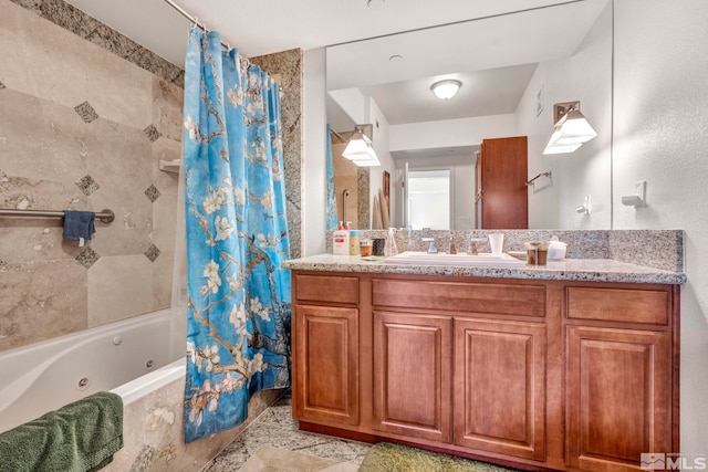 bathroom featuring tile flooring, shower / bath combination with curtain, and vanity