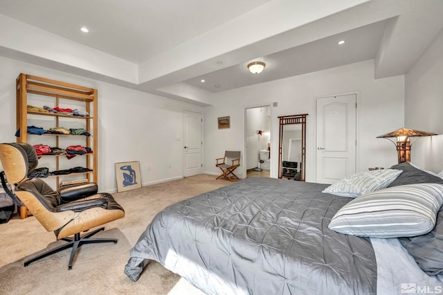 bedroom with light carpet