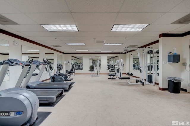 exercise room featuring carpet flooring and a paneled ceiling