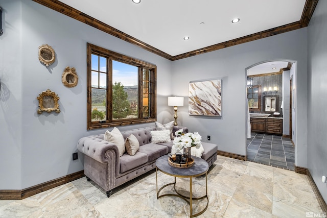 living room featuring tile flooring and crown molding