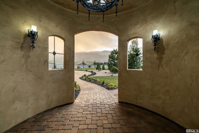 view of terrace with a mountain view