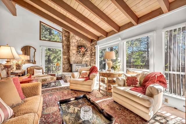 sunroom with lofted ceiling with beams, wooden ceiling, and a healthy amount of sunlight