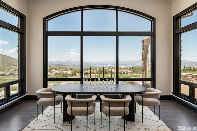 dining space featuring wood-type flooring and a mountain view