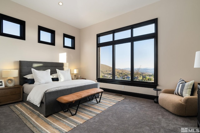 bedroom featuring dark colored carpet and multiple windows