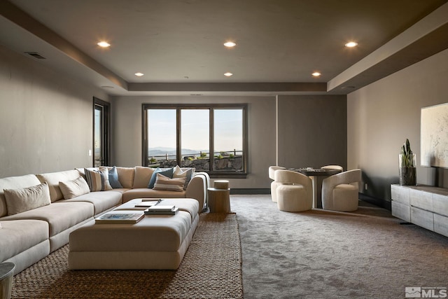 carpeted living room featuring a raised ceiling