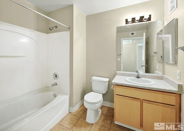 full bathroom with shower / bathtub combination, tile flooring, oversized vanity, and toilet